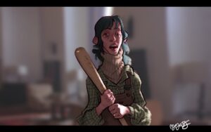 Stylized depiction of Wendy Torrance as portrayed by Shelley Duvall in stanley Kubrick's 1980 adaptation of "the Shining." Wendy stands in a wide room, holding a baseball bat, with a strange, terrified expression.
