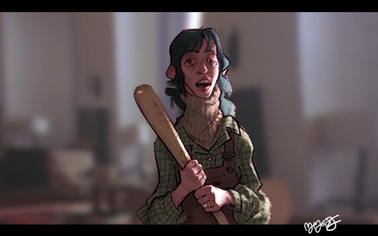 Stylized depiction of Wendy Torrance as portrayed by Shelley Duvall in stanley Kubrick's 1980 adaptation of "the Shining." Wendy stands in a wide room, holding a baseball bat, with a strange, terrified expression.